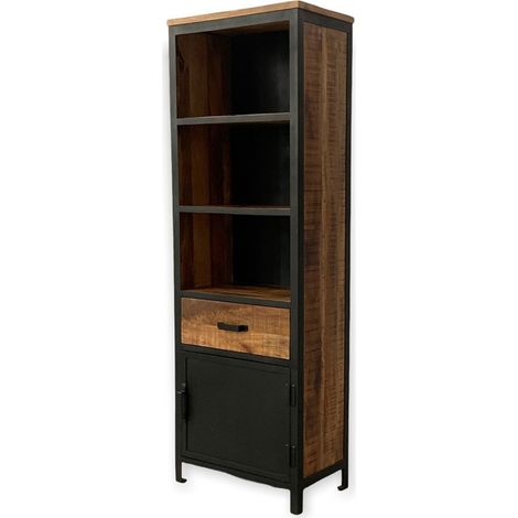 Induse 1 Drawer Large Bookcase - Mango Wood/Iron - L37 x W65 x H190 cm - PP Sawn Finish