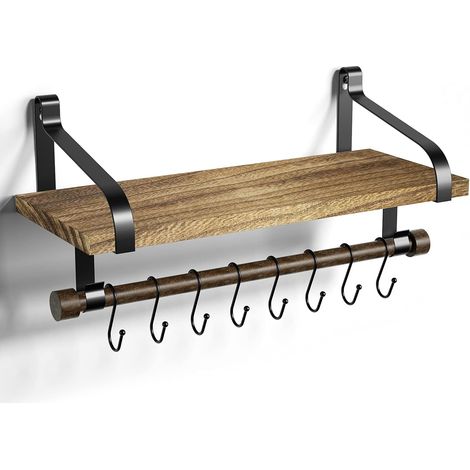 Étagère Murale Flottante - Bois Massif Finition Carbonisée - Barre À Serviettes Et 8 Crochets Amovibles - 44 X 18,5 Cm - Pour Cuisine Ou Salle De Bain