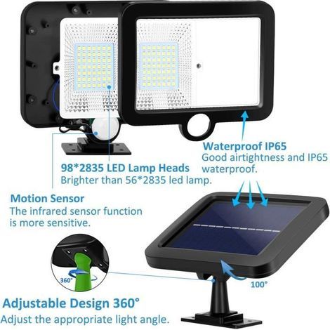 Spot Solaire Exterieur avec Détecteur de Mouvement - 98 Leds IP65 Étanche, Angle d'éclairage 120°, Câble 5M - Cabanon, Garage (1/3)