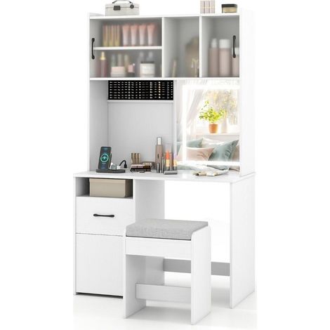 Design Moderne Coiffeuse avec Miroir LED 3 Modes Prises Intégrées Rangement et Tabouret pour Chambre Blanc (1/5)
