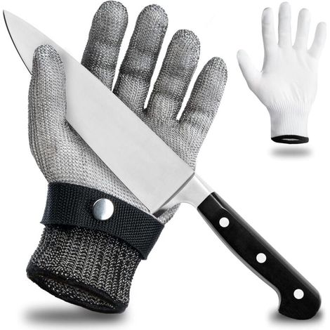 Schnittfester Schutzhandschuh aus Edelstahldraht – hoher Tragekomfort und sichere Schnittführung – praktisch, leicht zu reinigen und lebensmittelgeeignet – inklusive Baumwollhandschuh (L) (1/4)