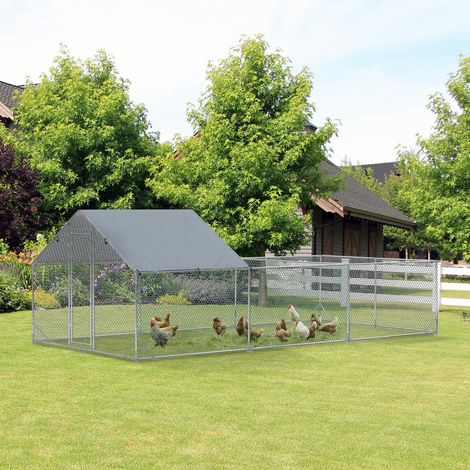 Freiluft-Hühnerstall mit Umzäunung, 18 m², Zwinger/Voliere, überdachter Bereich, verzinkter Stahl, 6 x 3 x 1,95 m (1/5)