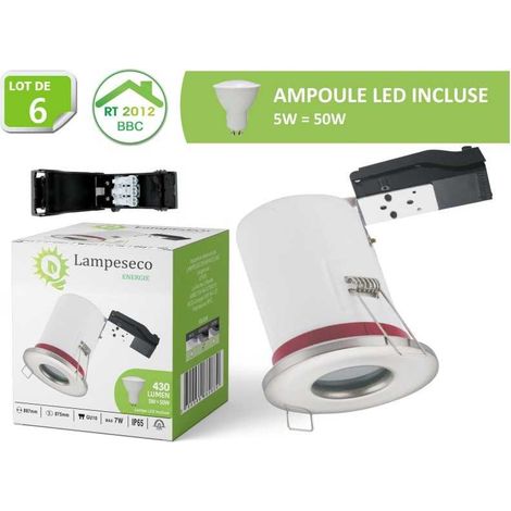 Lampesecoenergie – Lot de 6 spots encastrables étanches IP65 en inox 87mm – Douille GU10 – Ampoule LED 5W 3000K – Installation rapide sans vis (1/4)