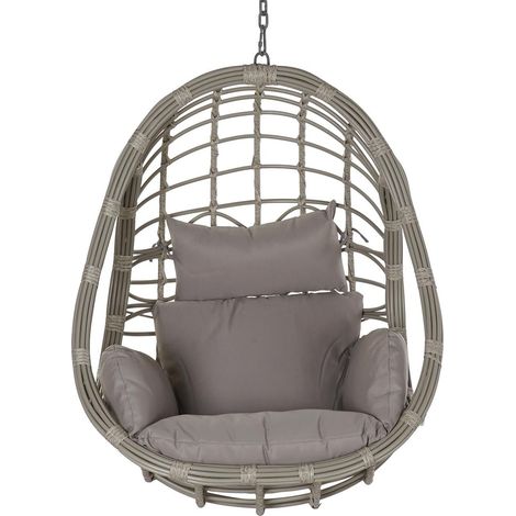 Fauteuil de jardin suspendu en rotin synthétique avec coussin gris - Largeur 92 x Hauteur 113 x Profondeur 70 cm -PEGANE- (1/4)
