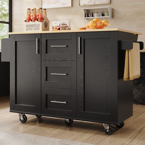 Îlot de cuisine noir séparateurs et, en bois, avec porte, sur roulettes, pour cuisine et salle à manger, porte-serviettes latéral sur roues