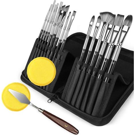 Ensemble de 15 pinceaux d'artiste pour peintures acryliques aquarelles peintures à l'huile peinture plate ronde avec éponges/couteau à peindre/sac (1/5)