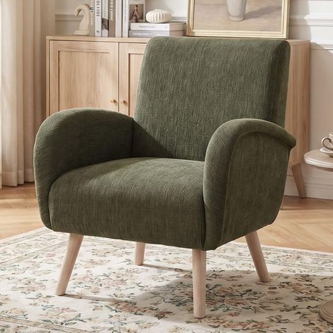 Wahson Armchair Upholstered in Chenille Fabric Modern Occasional Wingback Lounge Chair with Wooden Legs for Bedroom Living Room, Green