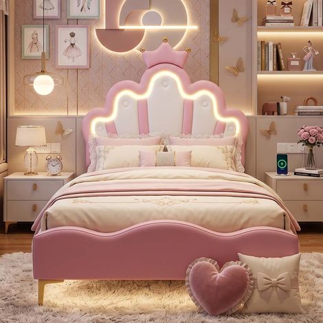 Creahappy Lit Enfant Fille 90x190 cm - Forme Couronne & LED Tête/Pied - Lit une Place en Faux Cuir Rose avec Hauteur Ajustable (1/5)