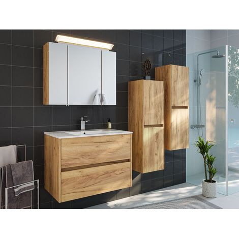 Badmöbelset Taifun 80cm 4tlg mit Spiegelschrank und 2x Seitenschrank eiche gold