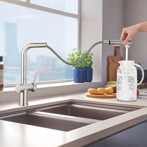 Robinet Cuisine Inox Brossé 360° – Douchette Extensible, 2 Modes de Jet, Mélangeur L-Forme, Facile à Installer (1/5)