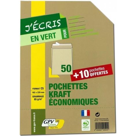 Pochettes kraft - GPV - C5 - 162x229 mm - 85g - 50 pochettes + 10 offertes