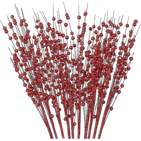 Paquete de 10 bayas rojas artificiales con purpurina para decoración navideña, 40 cm (15,7 pulgadas), adornos para árbol de Navidad con purpurina. (1/5)