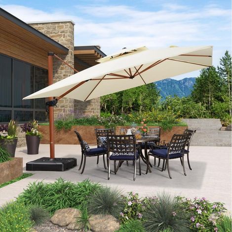 PURPLE LEAF Parasol 3,65 x 3,65 m Carré de Terrasse, Parasol Déporté 360°, Double Toit Ventilé, Finition Aspect Bois Antirouille, Parasol de Jardin Luxe, Couleur Crème (1/5)