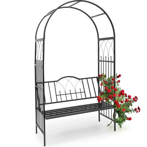 Relaxdays Arco metal para rosas con banco para 2 personas, soporte trepadoras, 203 x 114.5 x 59 cm, hierro, negro