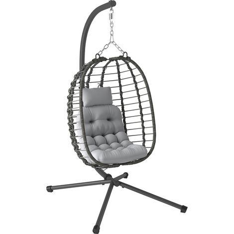 Sedia sospesa pieghevole in resina intrecciata con supporto, cuscino e guanciale, altezza regolabile, grigia