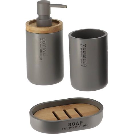 1 - Ensemble Accessoires Salle De Bain - Gobelet Distributeur Savon Porte Savon - Polyresine Bambou - Usage Quotidien Organisation Lavabo - Gris 25x15x10cm
