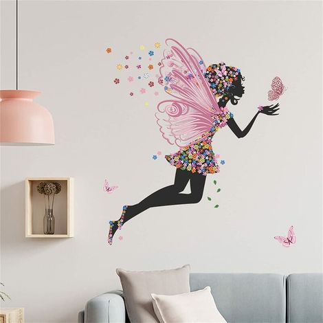 Autocollant Mural Fille Silhouette - Papillons et Fleurs Roses - Décoration Chambre Enfant - Repositionnable Sans Résidu - 1 Feuille 30 x 90 cm (1/5)