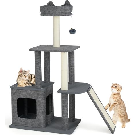 COSTWAY Tiragraffi per Gatto Alto 117 cm, Albero Tiragraffi Gatto con 5 Piattaforme, 2 Pali Sisal e Pallina Pompon, Torre Tiragraffi per Gatti con Grotta e Trespolo, Grigio (1/5)