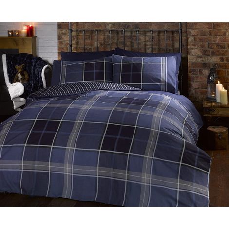 Parure de lit réversible Argyle avec housse de couette et taie d'oreiller pour lit simple, carreaux tartan, bleu (1/5)