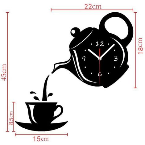 Horloge Murale 3D de Théière Tasse à Café Acrylique Créatif DIY Horloges Murales de Cuisine Décorative Horloge de Décoration Pour (1/4)