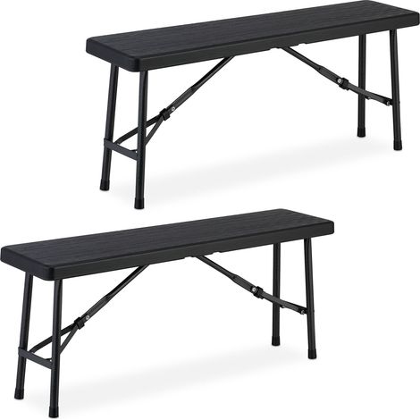 Relaxdays Juego 2 Bancos de Jardín, Plegables, Plástico, Acero, Asiento Camping, Balcón, 42x100x25 cm, Negro (1/5)
