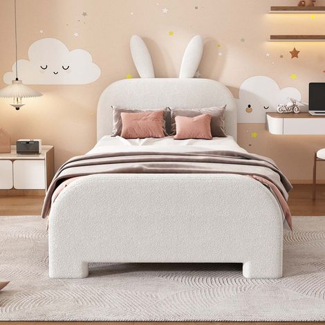 Lit enfant 90x200 cm rembourré, tête de lit lapin, 2 tiroirs de rangement, structure MDF, blanc, sans matelas (1/5)