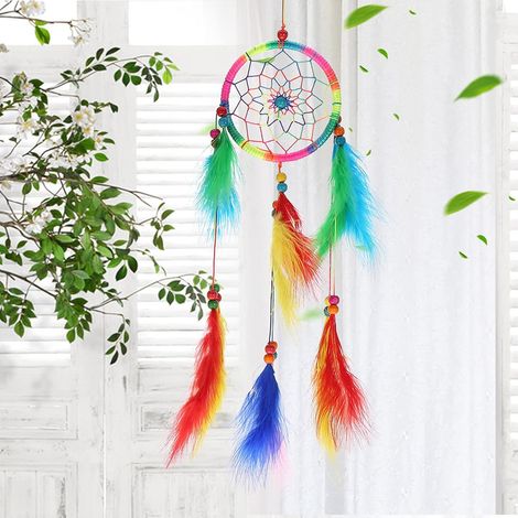 Attrape-rêves, Cercle Attrape-rêves, Fait à la Main Grand Attrape-rêves Pendentif Suspendu Artisanat Cadeau Salon décoration de la Maison(Multicolore) (1/5)