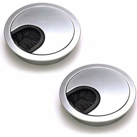 Lot de 2 Passe Cables Ronds Encastrables, Passe Cable Fil Métal Acier Brossé Design, Rangements de Cables pour Table de Bureau Diamètre 60 mm - Argent Perle Chrome (1/5)