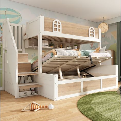 Etagenbett 90x200/140x200 cm Weiß Natur Holz mit Treppenschrank und Stauraum (1/5)