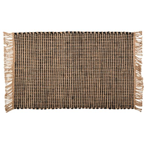 Aubry Gaspard – Tapis kilim en jute naturel teinté noir – Dimensions 90 x 60 cm – Franges décoratives – Écologique et élégant
