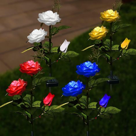 Lot de 4 lampes solaires d'extérieur en forme de roses décoratives pour jardin, cour, patio, allée, imperméable Blanc + Jaune + Bleu + Rouge (1/5)