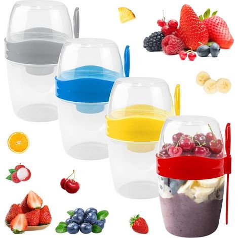 Set di 4 tazze per cereali, yogurt e cereali con coperchio e cucchiaio riutilizzabile, ciotola per muesli da asporto, ciotola per cereali da asporto, tazze per yogurt da asporto, 310 + 560 ml (1/5)
