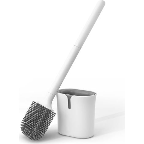 Brosse Toilettes WC Silicone Plate, Balai Toilette WC à Séchage Rapide, Anti-Goutte Balayette WC Brosse, Montage Mural/au Sol, Blanc (1/5)
