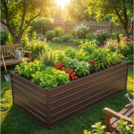REDOM - Letto da giardino rialzato - 219x112x64 cm - base aperta - acciaio - resistente alle intemperie - color legno