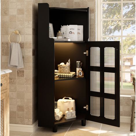 Eck-Aufbewahrungsschrank mit LED, 63,5 x 124 cm, Schwarz, MDF, OKMYHOME (1/5)