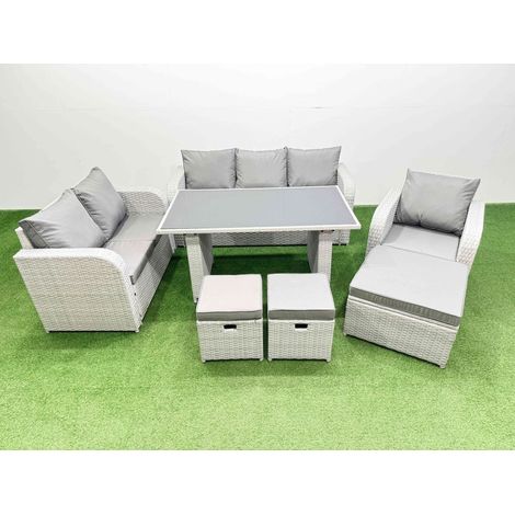 Fimous Rattan Outdoor Table Reclining Chair Sofa Set with 3 Stools Light Grey 9 Seater (1/4)