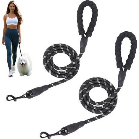 Lot de 2 laisses réfléchissantes pour chien - Corde en nylon - Laisse de promenade - 150 cm - Noire - Poignée rembourrée - Convient pour la marche, l'éducation et la course - Marron clair (1/5)