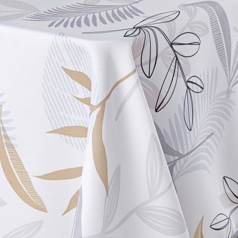 Douceur D'Intérieur – Nappe antitache rectangulaire 150x240 cm – Feuillage beige, gris et blanc – 100% polyester – Lavable en machine, finition biais (1/4)