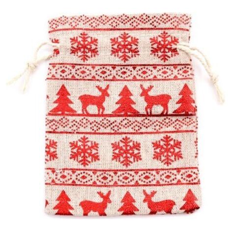 BUNTHAUS Sacs en lin, lot de 10, sacs en jute avec cordon de serrage, imprimé, sacs cadeaux de Noël, sacs en toile de jute, sacs en tissu, sacs cadeaux suspendus, flocon de neige, rouge, 13×18cm