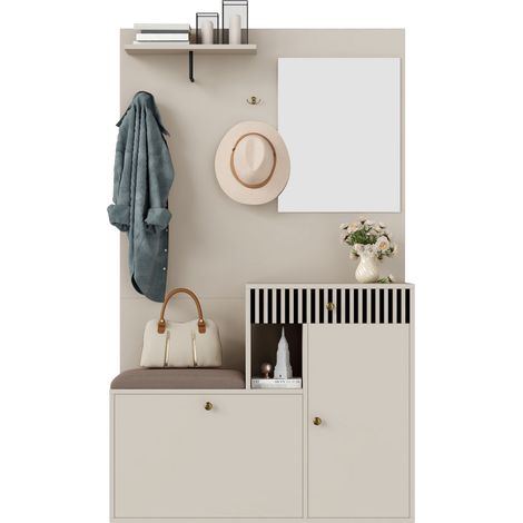 Mueble de Entrada con Espejo, 2 Puertas, 1 Cajón y Estantes Ajustables, Asiento Acolchado, en MDF, 110×37×185,5 cm, Beige (1/5)