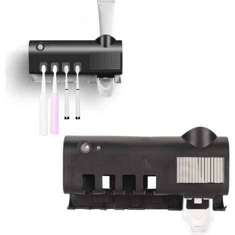 Antibakterieller, wandmontierter elektrischer Zahnbürstenhalter fürs Badezimmer, kein Bohren erforderlich, intelligenter Desinfektions-Zahnbürstenhalter, schwarz mit Knöpfen. (1/5)