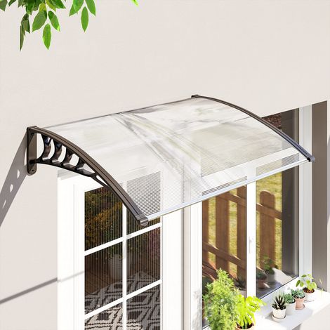 Tenda da sole esterna Outsunny per porte e finestre, 122x89 cm, protezione da sole e pioggia, con copertura in policarbonato, staffa in lega di alluminio, bianca.