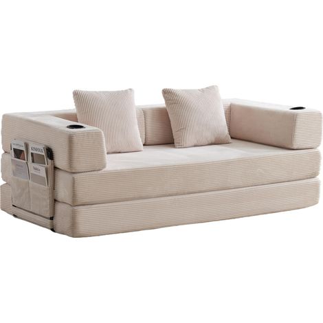 Canapé-lit pliable en velours côtelé blanc avec porte-gobelet et rangement latéral (1/5)