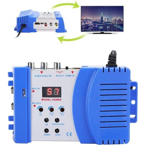 Modulateur RF HDMI, Convertisseur AV Numérique vers RF HDM69 Modulateur Portable Standard VHF UHF PAL pour Niveau de Sortie Réglable UE 100‑240 V