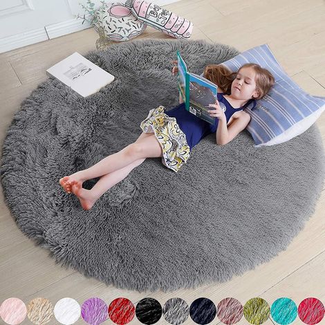 Tapis rond rose poudré, idéal pour la chambre à coucher, tapis rond moelleux 120 x 120 cm, idéal pour les enfants (1,40 x 1,40 m), gris (1/5)
