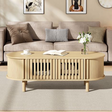 MODFU – Tavolino ovale 100x40x38 cm in MDF con 2 ante a doghe e anta scorrevole, vano contenitore e carico 30 kg – Legno naturale (1/5)