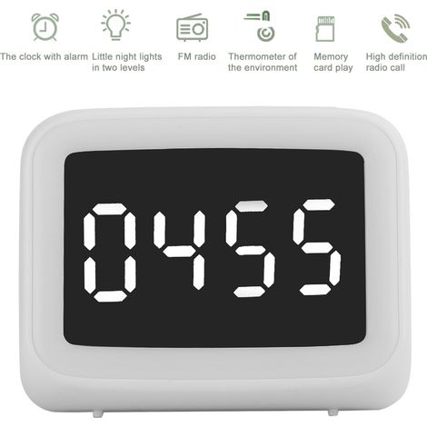 Enceinte Bluetooth 5.0 Portable avec Horloge Numérique, Radio FM, Thermomètre, Réveil et Veilleuse LED - Blanc