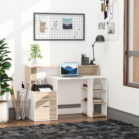 HOMCOM Bureau informatique avec 2 tiroirs. bureau avec rangement. 137 x 55 x 92 cm. étagères ouvertes et tablette d'imprimante. style moderne. table d'ordinateur pour chambre. studio. chêne