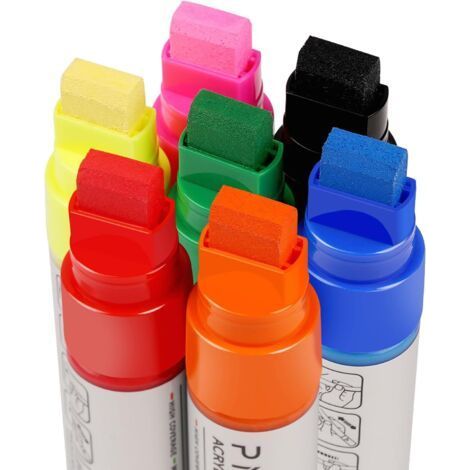 Ahlsen Set mit 7 Acrylmarkern mit 15 mm breiter Keilspitze – wasserfester Acrylstift für Steine, Holz, Fenster – wasserfeste weiße Acrylfarben (Neon) (1/5)