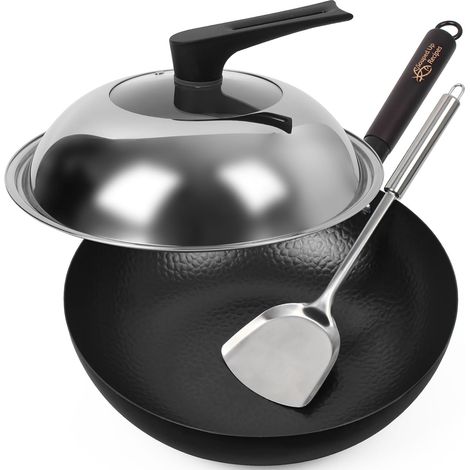 Wok en acier au carbone 34 cm pour cuisinières électriques, induction et gaz avec couvercle, spatule et guide d'utilisation vidéo inclus (1/5)